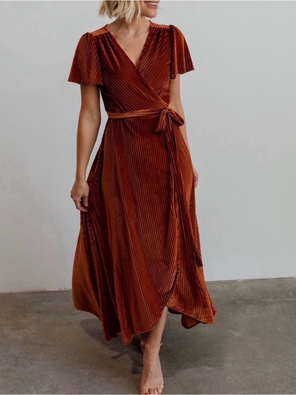 Women's Rust Velvet Wrap Midi Dress with Tie Waist